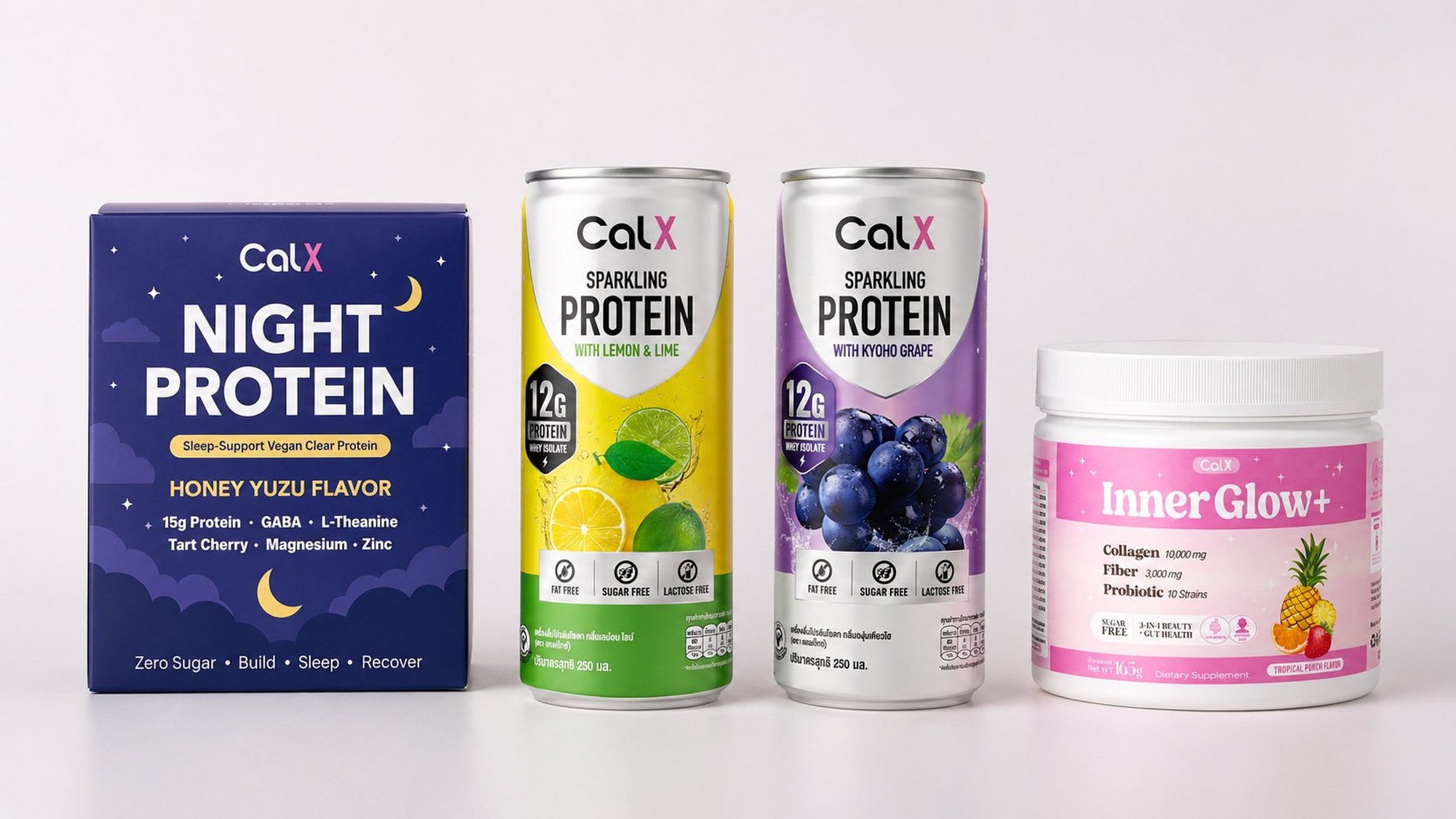 CALX product lineup — Sparkling Protein, Night Protein, and InnerGlow+